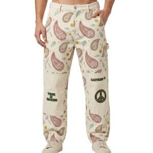 Earthling VIP Hippie Cream Paisley Peace Embroidered Carpenter Pants Men Size 34